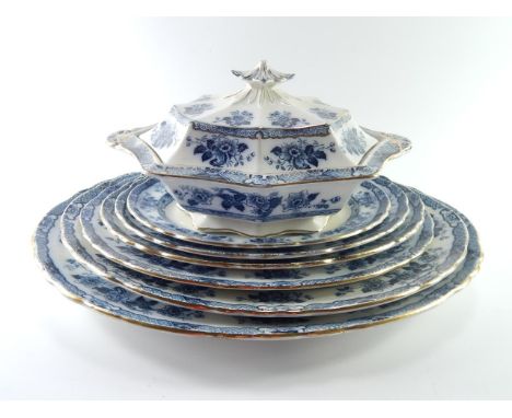 A pottery late 19thC blue and white dinner service, decorated in the Japan pattern, T.R & Co., printed mark, comprising six g