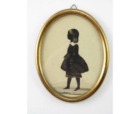 An early 19thC silhoutte portrait of a girl, full length, attributed as Maria Pritchard, cut on her 8th birthday, 1825, 17cm 