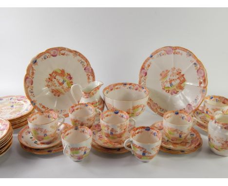 A Staffordshire late 19thC porcelain part tea service, with chinoiserie decoration, comprising two cream jugs, sugar bowl, pa