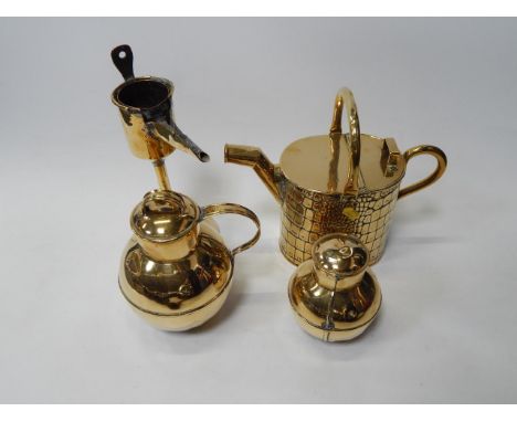 A Victorian brass watering can, with crocodileskin effect body, oil lamp and two globular cannisters, (4).