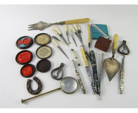 Victorian steel and mother of pearl crochet hooks, button hooks, and a screwdriver, further tools and collectables.