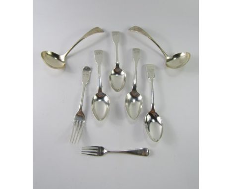 A pair of George VI silver cream ladles, Sheffield 1951, a pair of George IV silver dessert spoons monogram engraved, London 