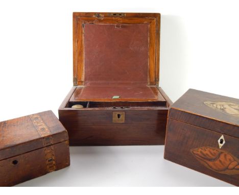 A Victorian walnut writing box, with slope and fitted interior, a Victorian tea caddy and Georgian shell inlaid tea caddy, (3