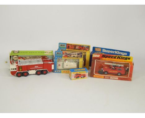 A Siku die cast Metz-Flugfeldloschfahrzeng, Matchbox Merryweather Fire Engine 35, Fire Control Range Rover K-64, Dodge Monaco