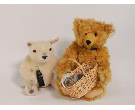 A Steiff club edition bear 1997, with basket and water bottle, and a Polar Bear cub with a Coca-Cola bottle.