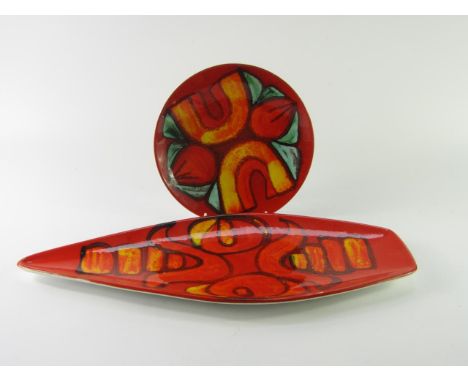 A Poole Delphis Range spear shaped dish, No 82, and a circular dish, No 3, printed marks, (2).