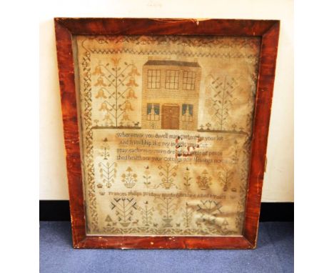 A 19thC silkwork sampler by Frances Phillips, Wistow, Huntingdonshire, aged 9 years, showing a large house and pots of flower