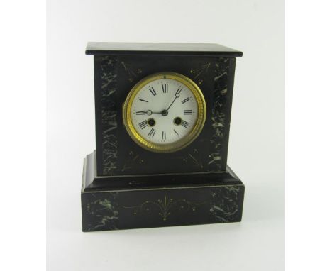 A Victorian slate and marble mantel clock, enamel dial bearing Roman numerals, eight day movement with bell strike, 23cm x 13