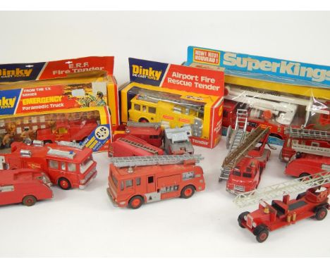 A Matchbox Snorkel Fire Engine, die cast K-39, Dinky ERF Fire Tender 266, Airport Fire Rescue Tender 263, Paramedic Truck 267