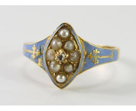 A Victorian 18ct gold old cut diamond and seed pearl set mourning ring, of lozenge form with turquoise enamel set shoulders, 