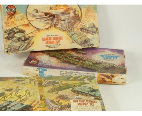 An Airfix Pontoon Bridge Assault Set, HO OO scale, Gun Emplacement Assault Set and a Coastal Defence Assault Set, boxed, (3).