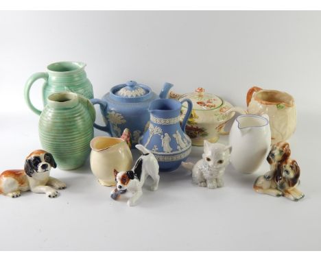 A Royal Doulton figure of a terrier with a slipper, HN2654, Wedgwood light blue Jasper jug, Royal Winton jug with a Fuchsia h