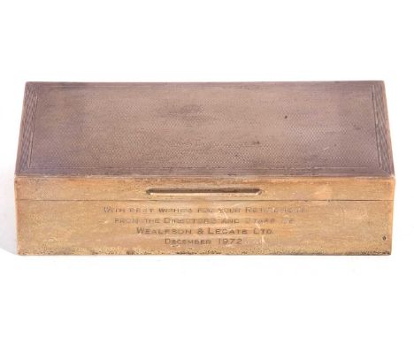 Garrard &amp; Co Ltd silver encased cigarette box of rectangular shape with engine turned lid, presentation inscription to fr