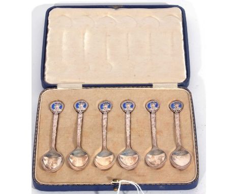 Cased set of six Edward VIII coffee spoons with enamelled finials depicting cameo portraits of George VI and Queen Elizabeth,