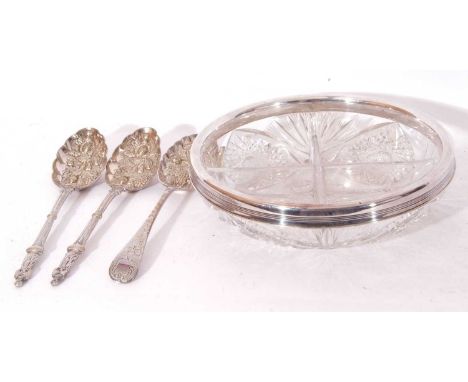 Vintage cut glass hors d'oeuvres dish with four compartments and a sterling marked band, together with three plated serving s