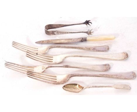 Mixed Lot including heavy group of four Old English pattern table forks, Sheffield assay, small pair of sugar claws, mother o