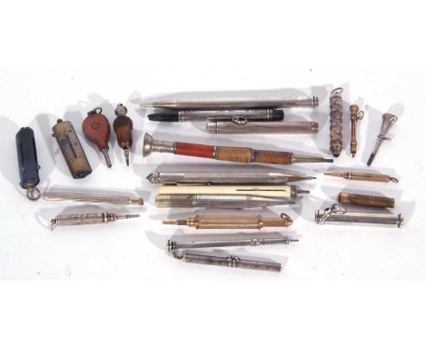 Large collection of 'sterling' and other vintage pencils, including sterling/white metal cased examples, antique treen 'bello