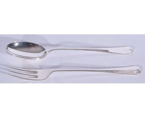 Heavy pair of Elizabeth II servers in early Hanoverian rat-tail form, comprising three pronged fork and spoon, 28cm long, Eli