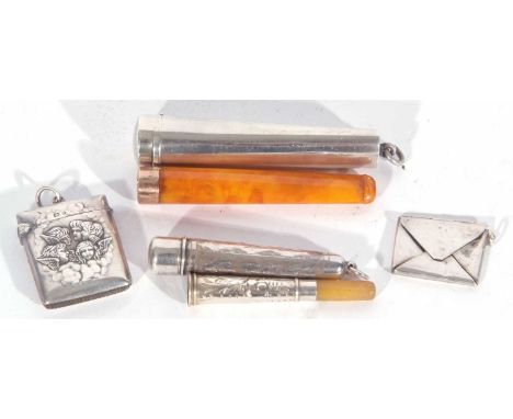 Mixed Lot: vintage amber and 9ct gold mounted cigarette holder in hallmarked silver case, Birmingham 1911, the case 8.5cm ove