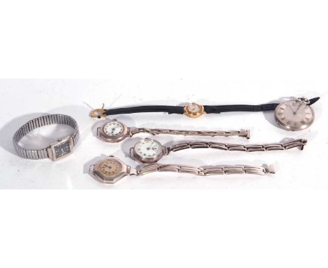 Mixed Lot: five wrist watches and a white metal pocket watch, stamped on case back 'Fine Silver', wrist watches include Accur