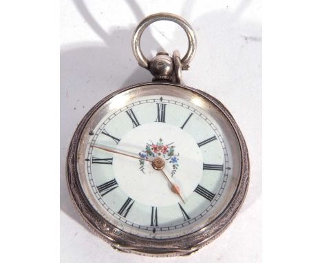 Last quarter of 19th century ladies white metal pocket watch, stamped on case back 0.935, enamel dial featuring a decorative 