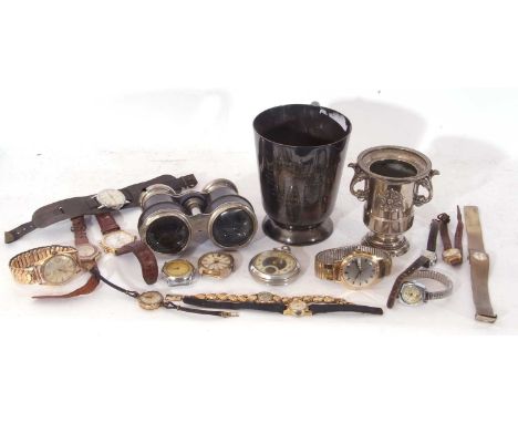 Mixed Lot: a silver plated pint tankard, a pair of vintage cased binoculars, plated campana shaped vase together with various