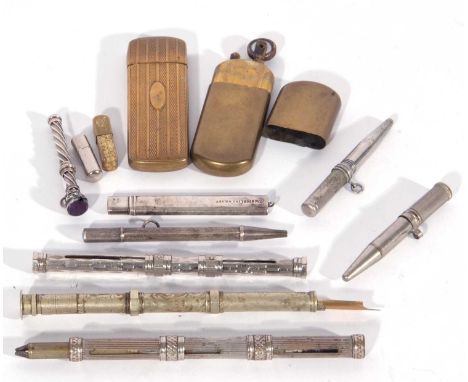 Mixed Lot: writing related items including 7 assorted white metal/metal pens and pencils 'sterling' encased pencil, two metal