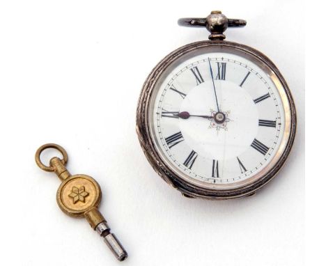 Last quarter of 19th century Continental white metal cased fob watch with key wind, blued steel hands, black Roman numerals t