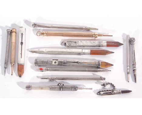 Collection of vintage pens and pencils, including hallmarked silver cased bridge pencil with built in trumps indicator, three