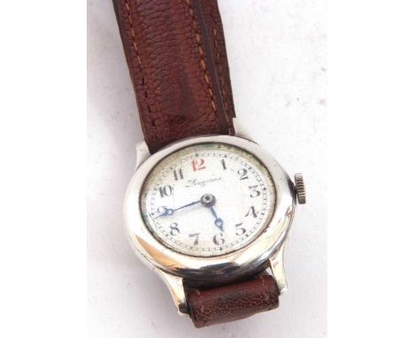 Early 20th century white metal Longines wrist watch, a 15-jewel crown wound Longines stamped movement, features a white metal