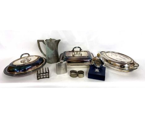 Box of various plated wares to include entree dishes, bottle holders, mother of pearl handled knives etc