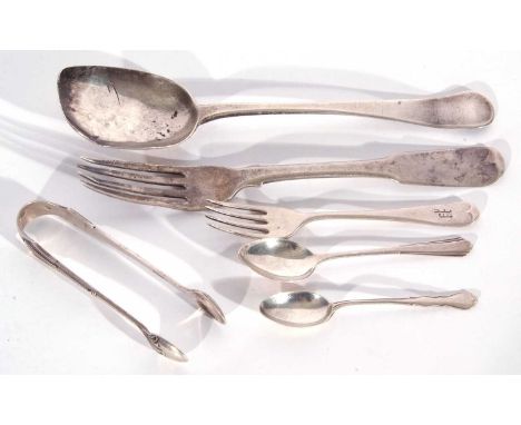 Mixed Lot: Georgian table spoon and dinner fork, (both a/f), plus hallmarked sugar tongs, child's fork and two small spoons (