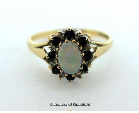 9ct Yellow Gold Opal Diamond Sapphire Cluster Ring 2.7g, Size O, Full hallmark