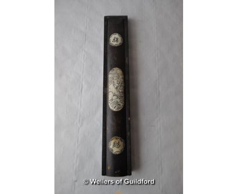 A Chinese wooden chopstick case with bone inlay, 27cm.