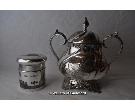 *Silvered tea caddy with Niello decoration and James Dixon silver plate twin-handled pot, scroll and leaf decoration (Lot sub