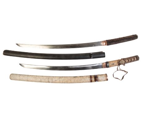 A JAPANESE TACHI SWORD with sharkskin grip handle and polychrome cloisonné scabbard, 76cm long; and another Japanese tachi sw