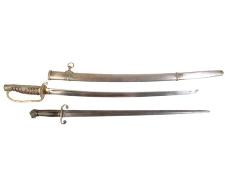A FRENCH INFANTRY SWORD with lightly curved fullered blade, brass hilt, leather and brass wirework grip, with brass floral en