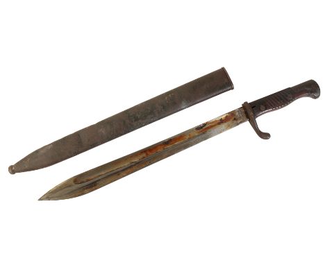 A WWII GERMAN BAYONET by Cister &amp; Rossmann, Berlin, with wooden reeded grip, 51cm long, in the original metal scabbard.