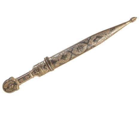 A CAUCASIAN WHITE METAL DAGGER late 19th century, with engraved blue floral decoration to the grip and scabbard, with a flare