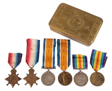 CASUALTY GREAT WAR MEDALS BELONGING TO A FATHER AND SON. 1914 Trio, correctly impressed 34759 GNR F Bosworthick RACondition E