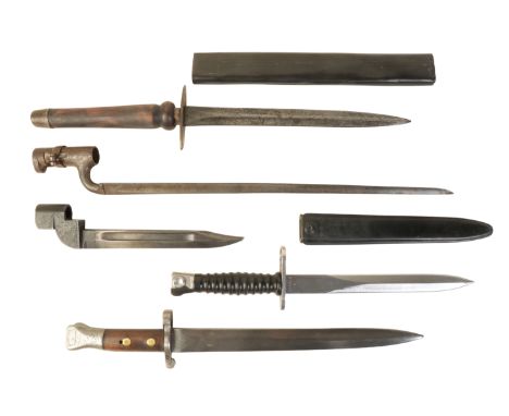 A SWISS BAYONET Lee Metford without scabbard, 19th Century Socket bayonet, AK47 style bayonet and a Victorian dirk on a moder