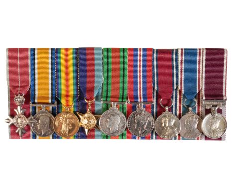 GREAT WAR AND WORLD WAR II MINIATURE MILITARY M.B.E. GROUP OF NINE, COURT-MOUNTED Order of the British Empire, Member (M.B.E.