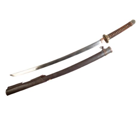 A JAPANESE TACHI SWORD with sharkskin grip, brass tsuba and brass and leather mounted scabbard, 94cm long.