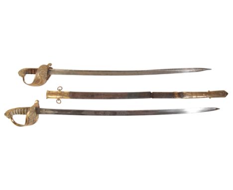 A ROYAL NAVY OFFICER'S DRESS SWORD with a slightly curved clipped-back blade, frosted etched with crown and Royal Arms, coppe