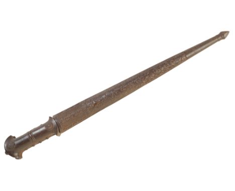A CAUCASIAN DAGGER circa 1900, with a plain double-edge blade and embossed metal grip, in the original floral embossed metal 