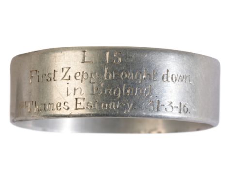 A NAPKIN RING MADE FROM ZEPPLIN 'L15' engraved 'L15 First Zepp brought down in England, Thames Estuary 31-6-16'