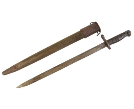 A 1917 US REMINGTON BAYONET the blade is dated 1917, with scabbard and frog; some pitting to the handle and the release butto