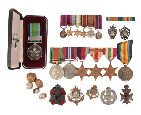 A COLLECTION OF MEDALS AND BADGES Victory Medal to GS-35243 Pte H.H. Taylor R Fus; 1939 to 45 Star; Africa Star with 8th Army