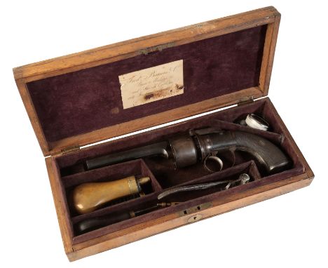 F. BARNES OF LONDON: A PERCUSSION PEPPERBOX PISTOL with an octagonal barrel, steel trigger guard and action, with floral engr