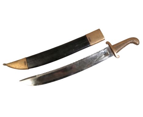 A LATE 19TH CENTURY ARTILLERY SIDEARM the short backed blade with brass hilt and brass ribbed grip, stamped to the hilt BHAG 